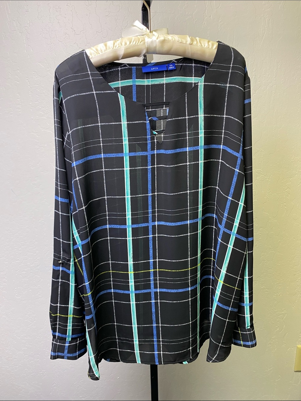 Apt. 9 Black Plaid Tunic Top with Blue & Mint Stripes